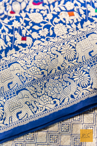 Lokamatha- Blue Shikargah Banarasi Katan Silk Handwoven Saree