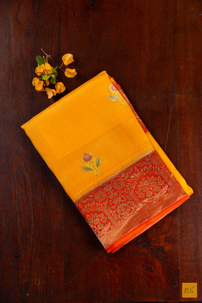 Mango Yellow Banarasi Organza Handwoven Saree