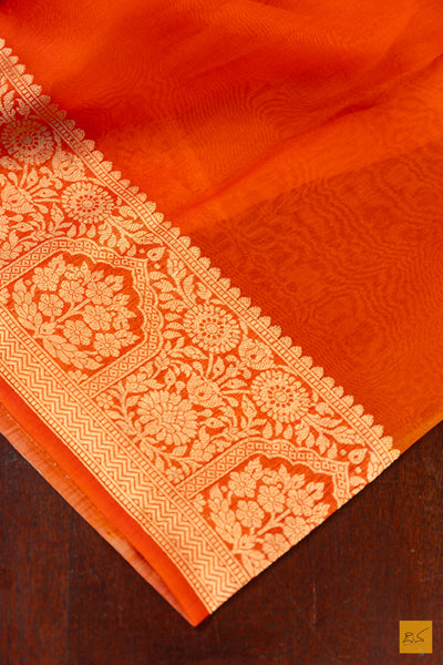 Mango Yellow Banarasi Organza Handwoven Saree