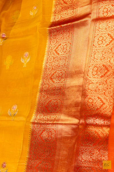 Mango Yellow Banarasi Organza Handwoven Saree