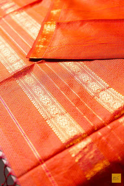 Kamalakshi- Orange Maheshwari Garbh Reshmi Handwoven Saree