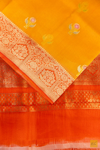 Mango Yellow Banarasi Organza Handwoven Saree