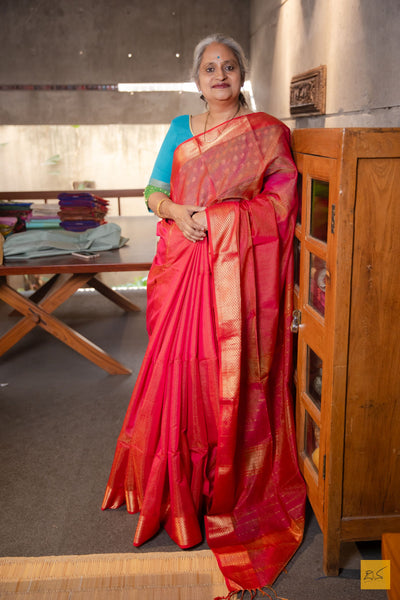 Poornima- Pink Tissue Maheshwari Silk Cotton Handwoven Saree