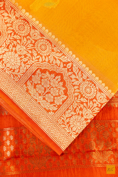 Mango Yellow Banarasi Organza Handwoven Saree