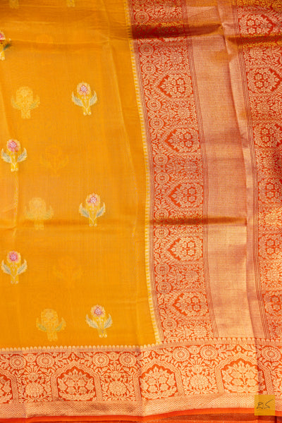 Mango Yellow Banarasi Organza Handwoven Saree