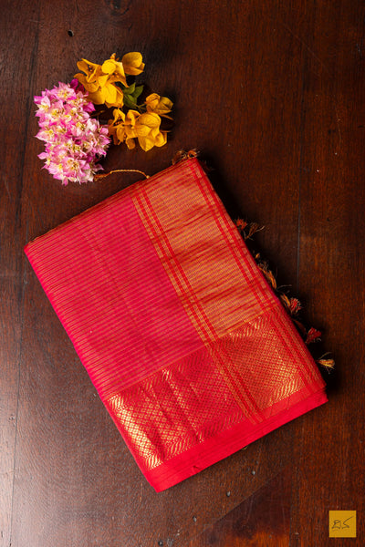 Poornima- Pink Tissue Maheshwari Silk Cotton Handwoven Saree