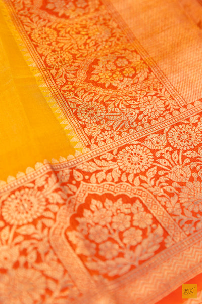 Mango Yellow Banarasi Organza Handwoven Saree