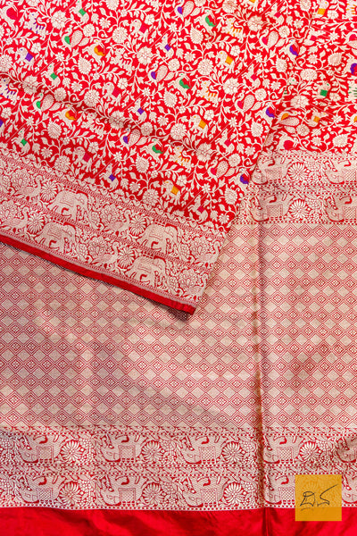 Bhargavi- Red Shikargah Banarasi Katan Silk Handwoven Saree