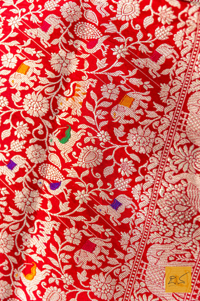 Bhargavi- Red Shikargah Banarasi Katan Silk Handwoven Saree