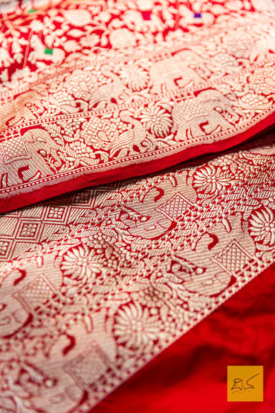 Bhargavi- Red Shikargah Banarasi Katan Silk Handwoven Saree
