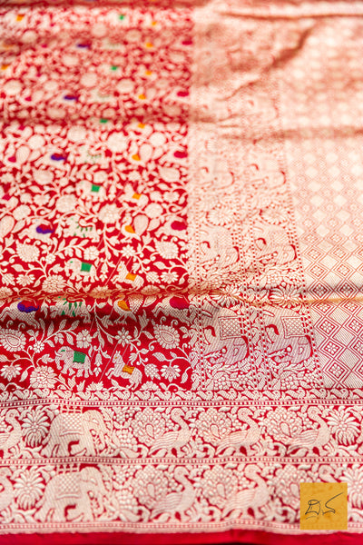 Bhargavi- Red Shikargah Banarasi Katan Silk Handwoven Saree