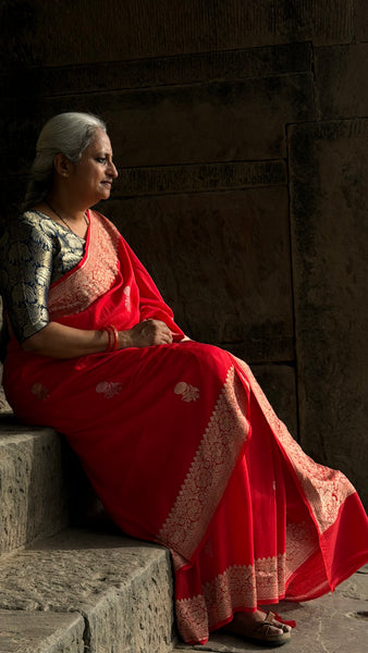 Sriprada - Red Banarasi Munga Silk Handwoven Saree