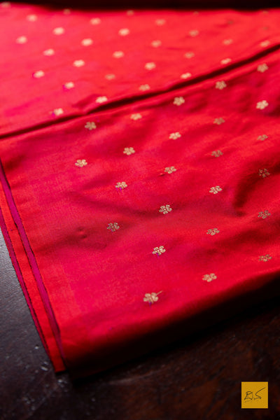 Pulomaja- Red Banarasi Satin Silk Handwoven Saree