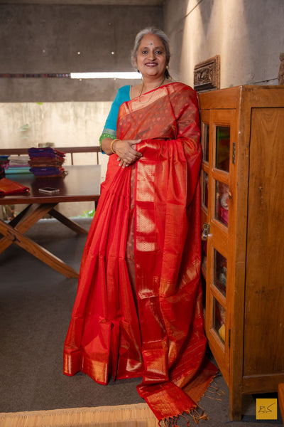 Sharada- Red Tissue Maheshwari Silk Cotton Handwoven Saree