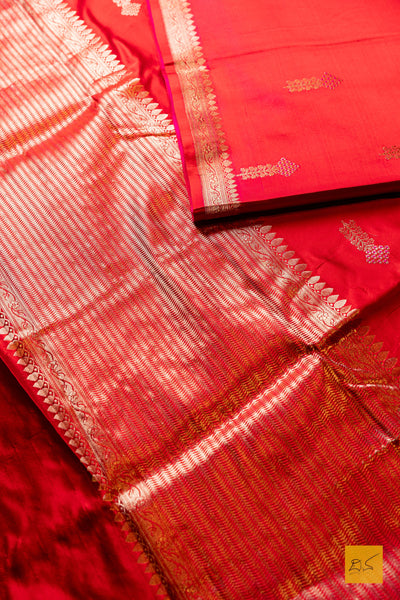 Pulomaja- Red Banarasi Satin Silk Handwoven Saree