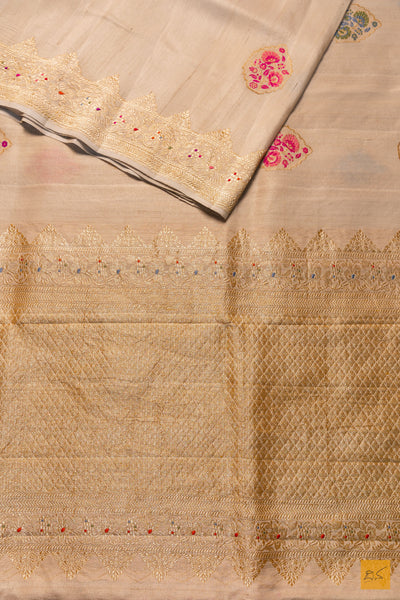 Vasudha- Off White Banarasi Tusser Silk Handwoven Saree