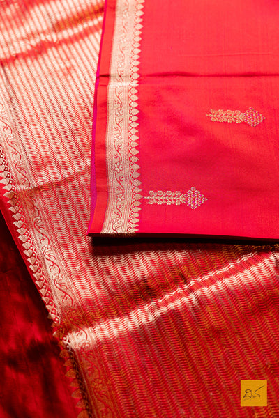 Pulomaja- Red Banarasi Satin Silk Handwoven Saree