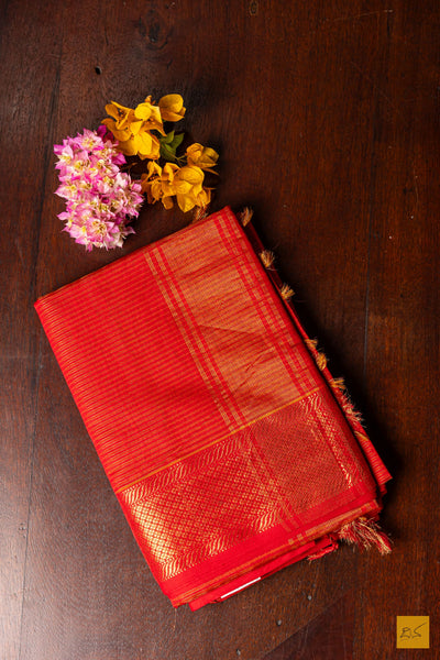 Sharada- Red Tissue Maheshwari Silk Cotton Handwoven Saree