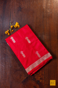 Pulomaja- Red Banarasi Satin Silk Handwoven Saree