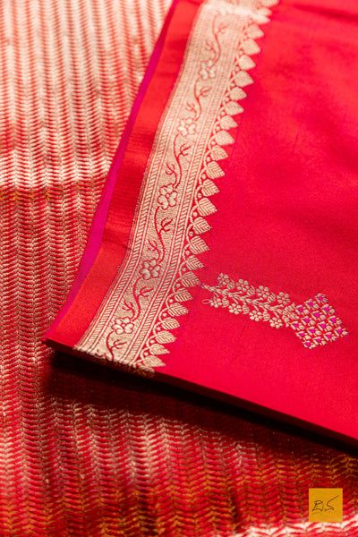 Pulomaja- Red Banarasi Satin Silk Handwoven Saree