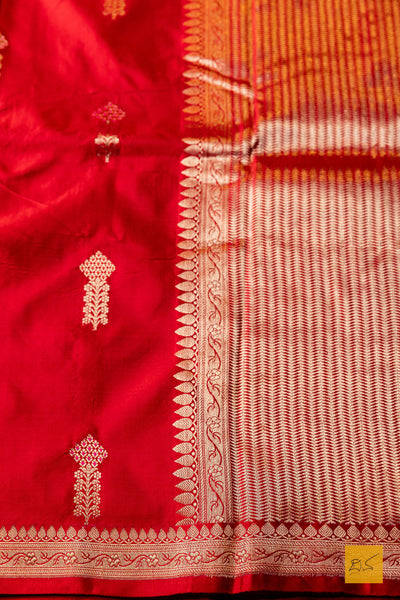 Pulomaja- Red Banarasi Satin Silk Handwoven Saree
