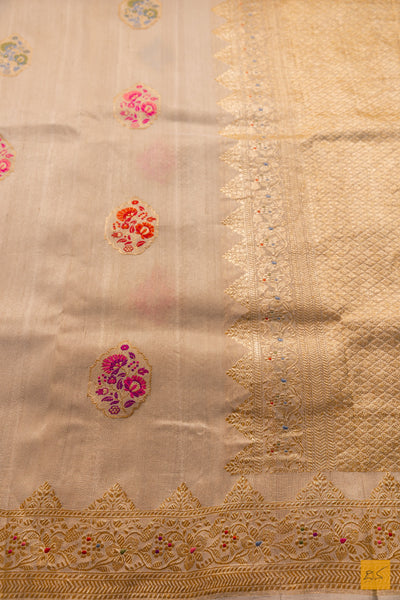 Vasudha- Off White Banarasi Tusser Silk Handwoven Saree
