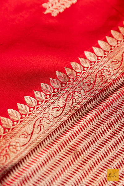 Pulomaja- Red Banarasi Satin Silk Handwoven Saree