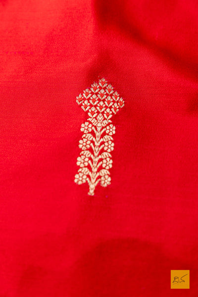 Pulomaja- Red Banarasi Satin Silk Handwoven Saree
