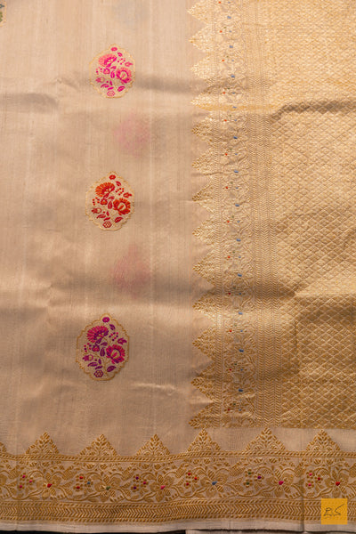 Vasudha- Off White Banarasi Tusser Silk Handwoven Saree