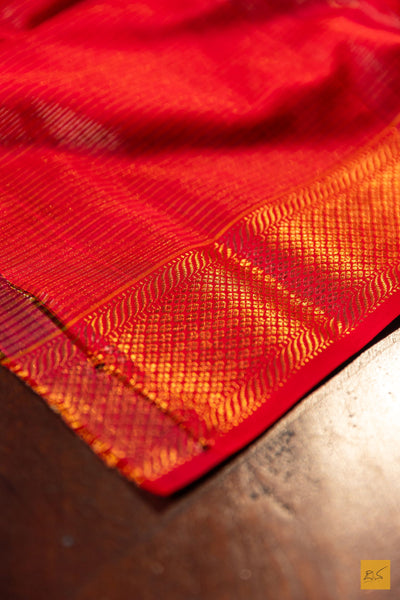 Sharada- Red Tissue Maheshwari Silk Cotton Handwoven Saree