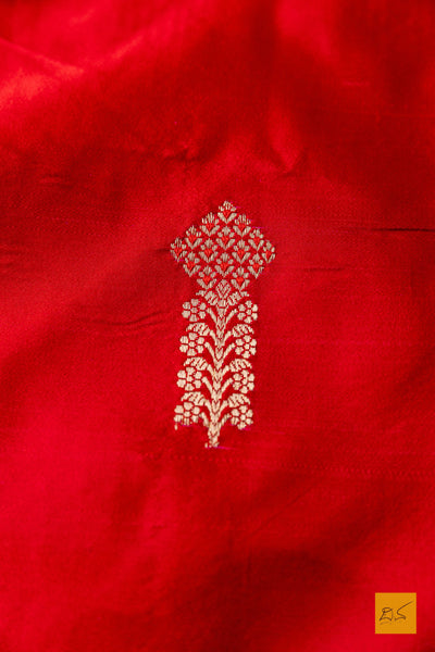 Pulomaja- Red Banarasi Satin Silk Handwoven Saree