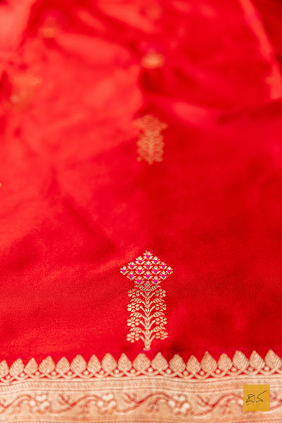 Pulomaja- Red Banarasi Satin Silk Handwoven Saree