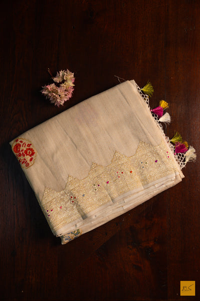 Vasudha- Off White Banarasi Tusser Silk Handwoven Saree