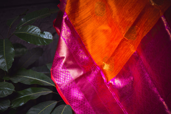 Orange - Pink Banarasi Silk Handwoven Saree