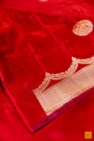 Pooja- Red Banarasi Satin Silk Handwoven Saree