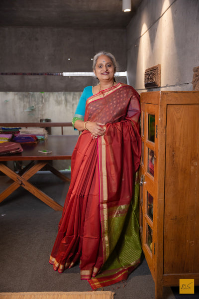 Mahalakshmi- Red Maheshwari Silk Cotton Handwoven Saree