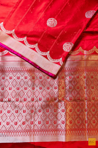 Pooja- Red Banarasi Satin Silk Handwoven Saree