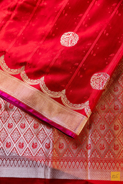 Pooja- Red Banarasi Satin Silk Handwoven Saree