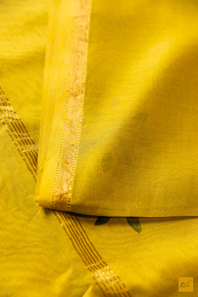 Alaka- Yellow Maheshwari Hand Painted Silk Cotton Handwoven Saree