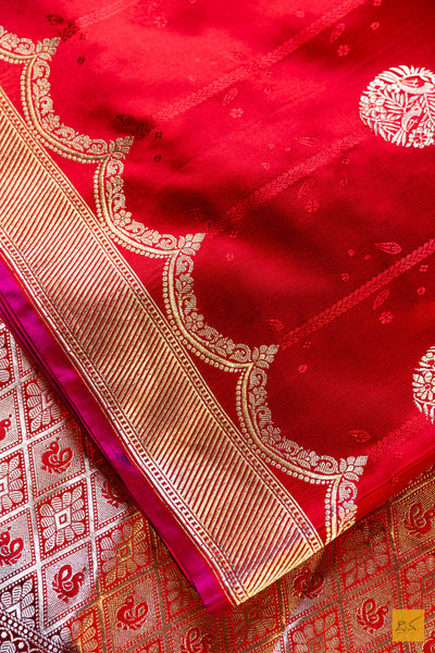 Pooja- Red Banarasi Satin Silk Handwoven Saree