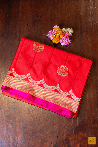 Pooja- Red Banarasi Satin Silk Handwoven Saree