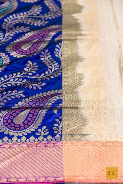 Royal Blue and Off White Banarasi Silk Handwoven Saree