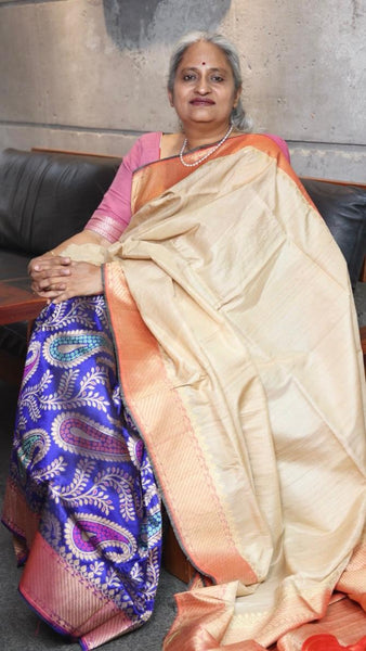 Royal Blue and Off White Banarasi Silk Handwoven Saree