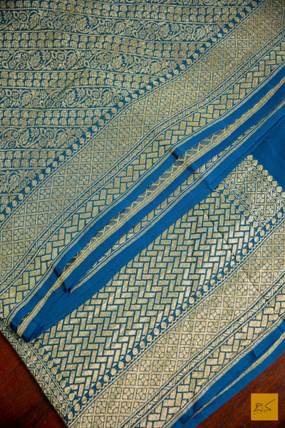 Peacock Blue Brocade Banarasi Georgette Saree