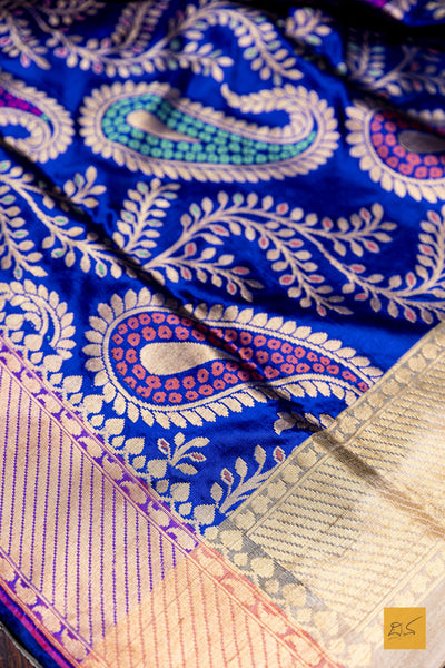 Royal Blue and Off White Banarasi Silk Handwoven Saree