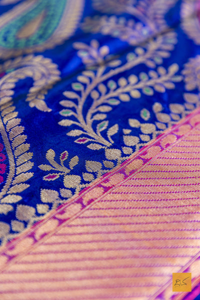Royal Blue and Off White Banarasi Silk Handwoven Saree