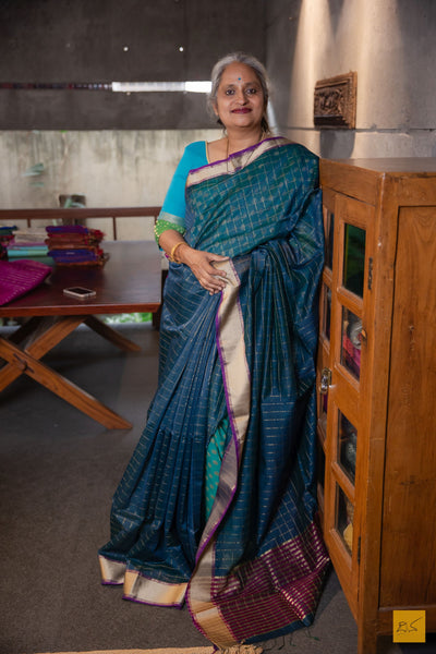 Shantha- Peacock Blue Maheshwari Silk Cotton Handwoven Saree