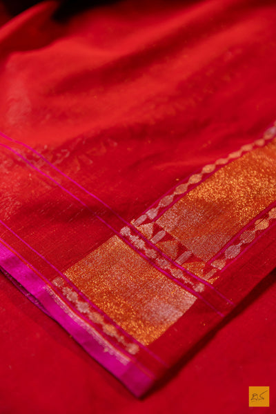 Aisha- Red Banarasi Pure Cotton Handwoven Saree