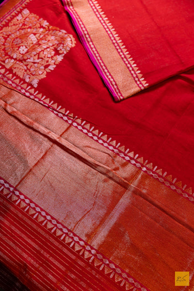 Aisha- Red Banarasi Pure Cotton Handwoven Saree
