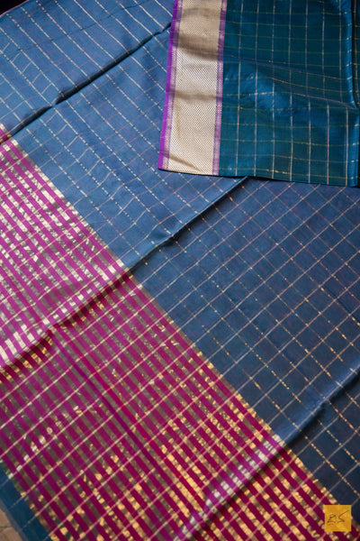 Shantha- Peacock Blue Maheshwari Silk Cotton Handwoven Saree